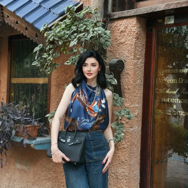 High-Neck Silk Scarf Top with Patch-Pocket Denim