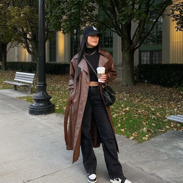 Brown Leather Trench with Black Wide-Leg Denim