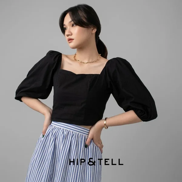 Black Puff-Sleeve Square Neck Crop Top