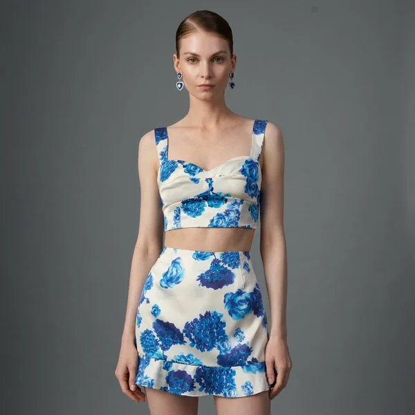 Floral Blue and White Satin Bustier Crop Top