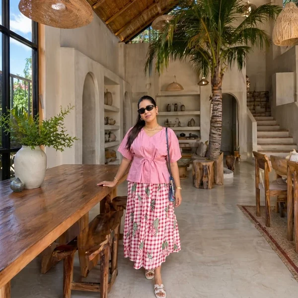 Pink Tie-Waist Top and Floral Gingham Skirt