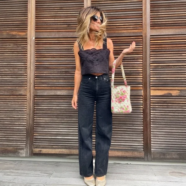 Embroidered Black Linen Camisole