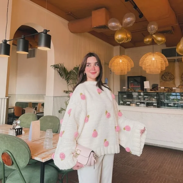 Floral Appliqué Oversized Crochet Sweater