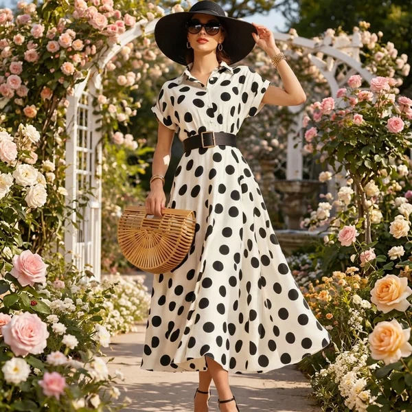 Black and White Polka Dot Belted Shirt Dress