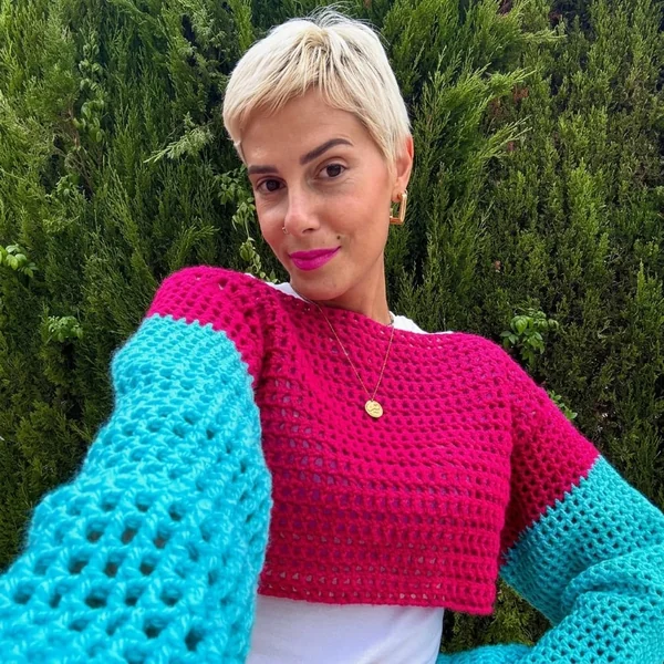 Bright Color-Block Crochet Mesh Sweater