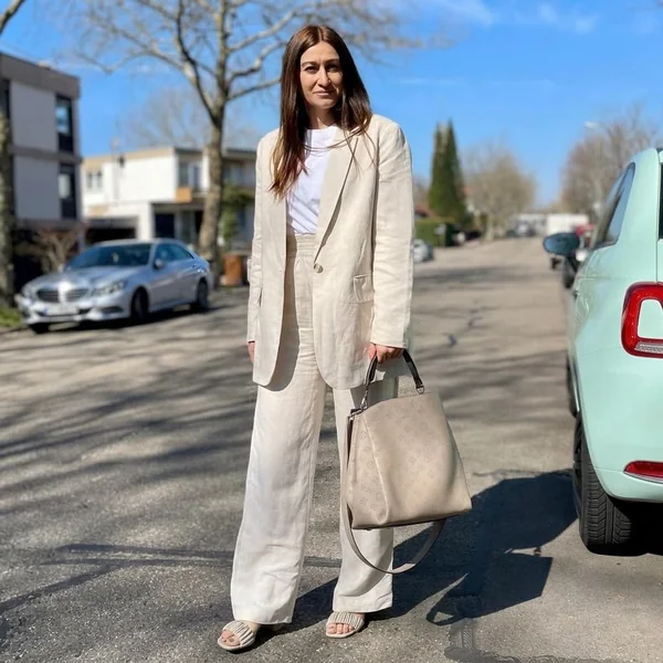 Oversized Beige Linen Suit with Crewneck Tee