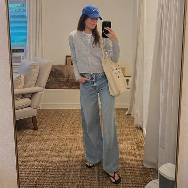 Gray Cardigan with Wide-Leg Jeans