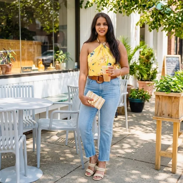 Yellow Floral Halter Neck Top with Light-Wash Jeans