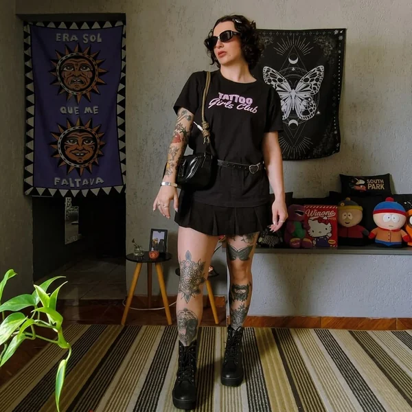 All-Black Graphic Tee & Pleated Mini Skirt