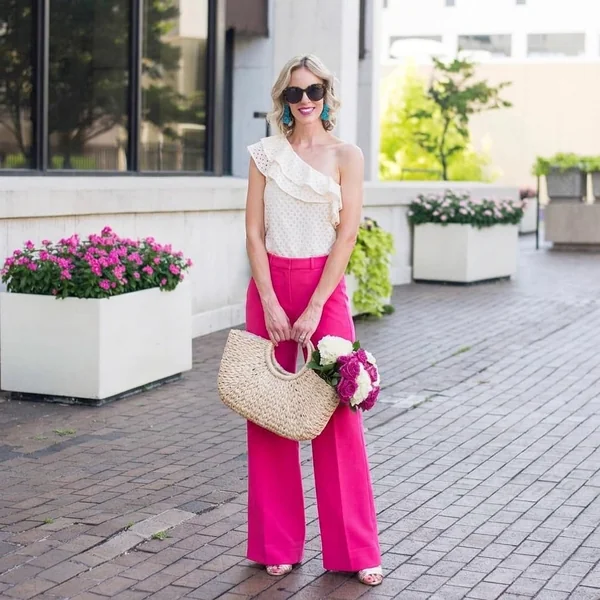 One-Shoulder Eyelet Top and Magenta Trousers
