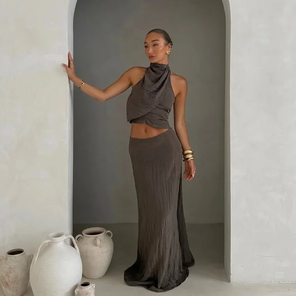Crinkled Taupe Halter Top with Maxi Skirt