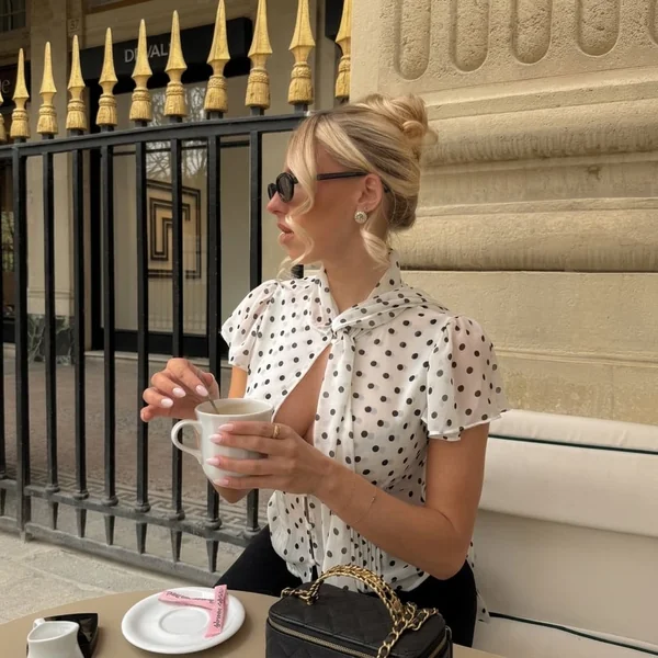 Keyhole Tie-Neck Polka Dot Blouse