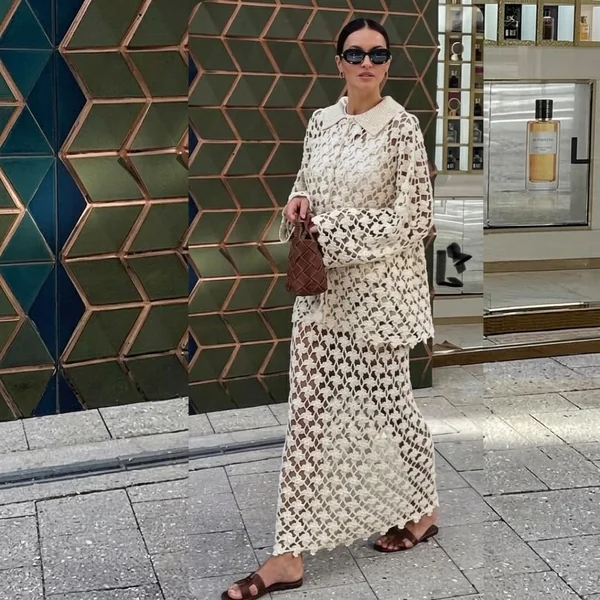 Cream Collared Crochet Tunic and Maxi Skirt Set