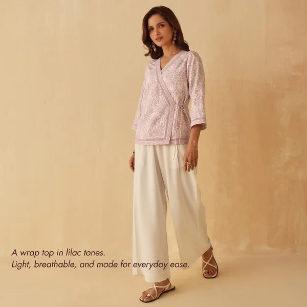Floral Lilac Wrap Top & White Trousers