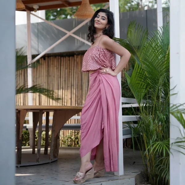 Sequined Crop Top with Draped Pink Skirt