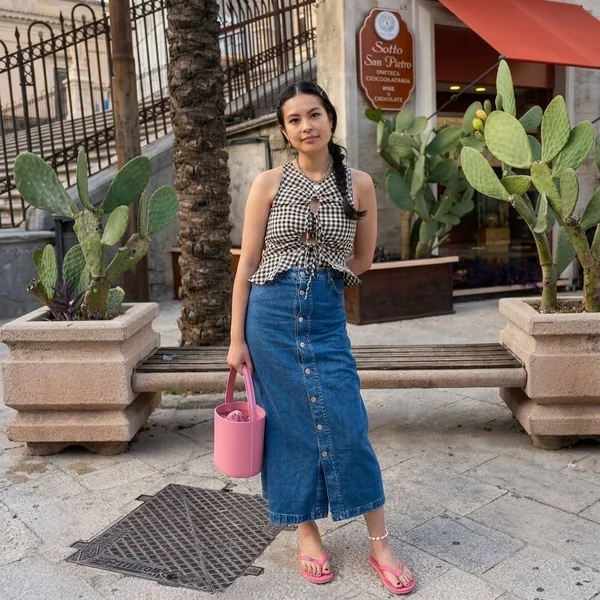 Gingham Halter Top with Denim Midi Skirt