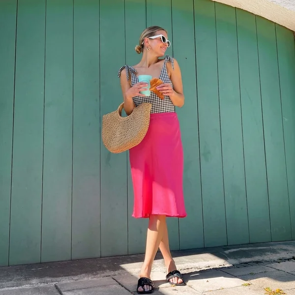 Gingham Tie-Shoulder Top & Fuchsia Slip Skirt