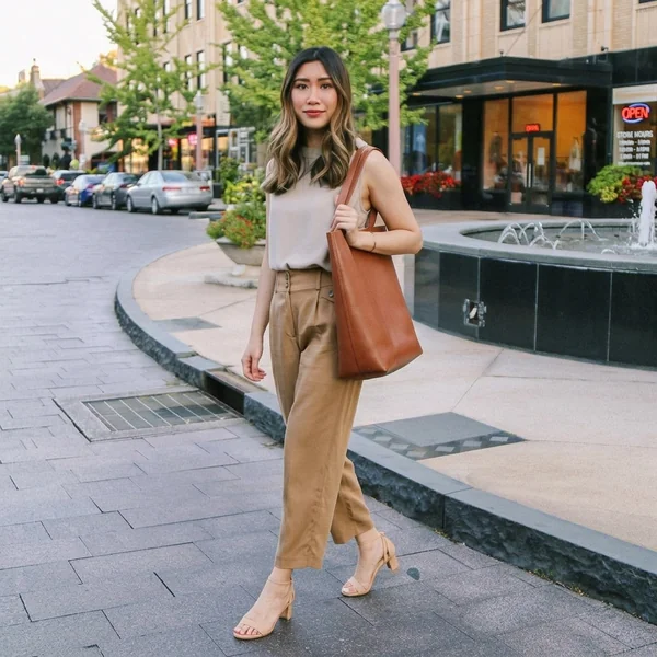 Sleeveless Knit Top with Tailored Camel Trousers