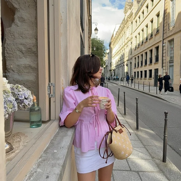 Pink Striped Tie-Front Blouse with White Mini Skirt
