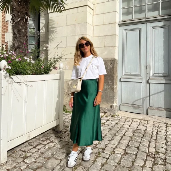 Emerald Satin Skirt with White Sambas