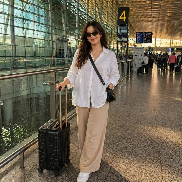 White Oversized Linen Shirt & Tan Wide-Leg Pants