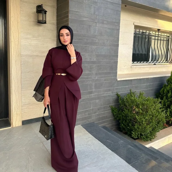 Modest Burgundy Belted Abaya Set