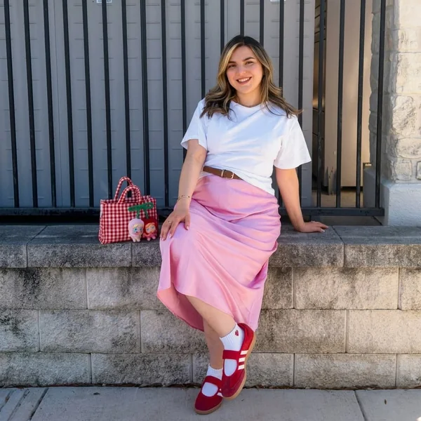 Pink Satin Skirt with Red Sambas