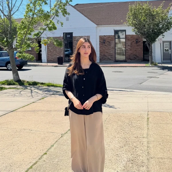 Black Button-Down Shirt and Beige Wide-Leg Trousers