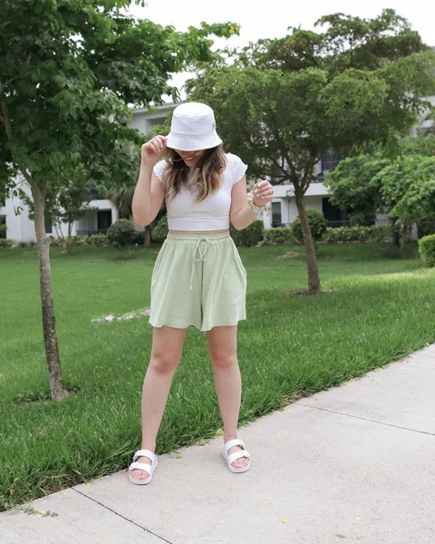 White Crop Top and Mint Drawstring Shorts