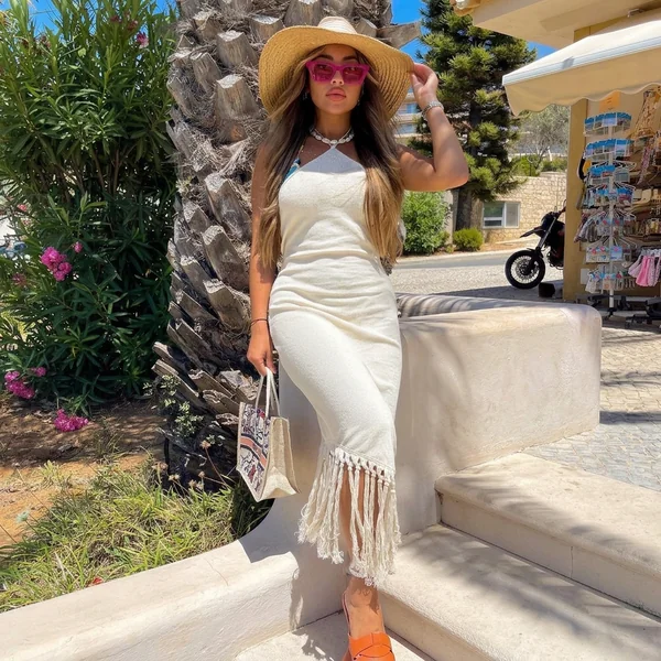Cream Fringe Knit Halter Midi Dress