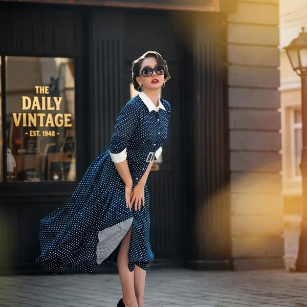 Navy Polka Dot Shirt Collar Midi Dress