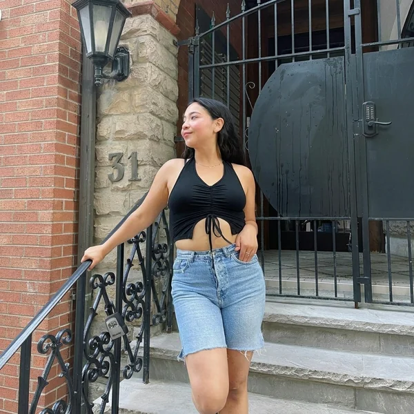 Black Ruched Halter Top & Denim Bermudas