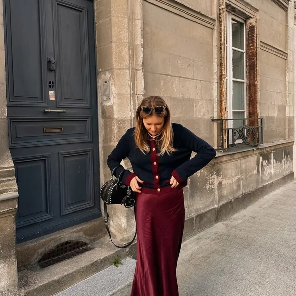 Burgundy Satin Slip Skirt and Navy Cardigan