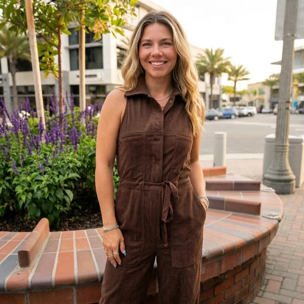 Brown Corduroy Sleeveless Jumpsuit