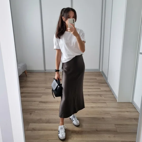 Brown Satin Midi Skirt with White Sambas