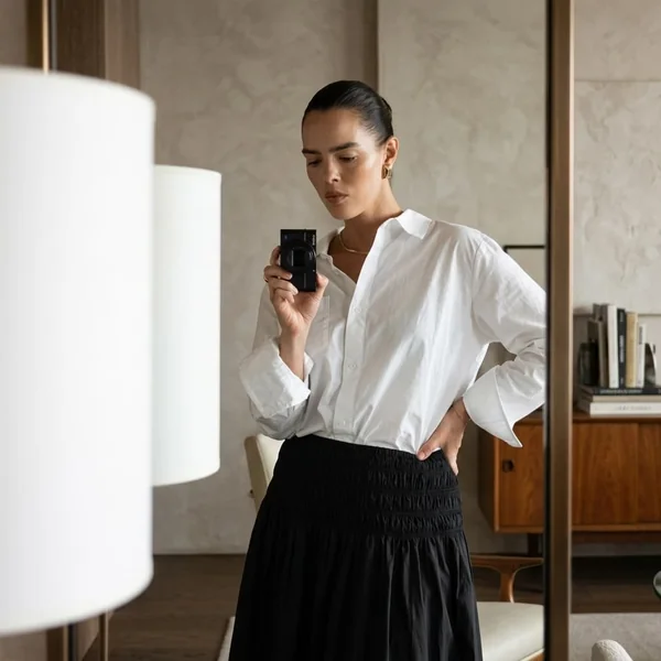 White Crisp Shirt with Smocked Black Skirt