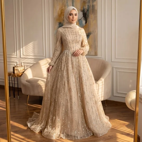 Champagne Sequin Modest Ballgown