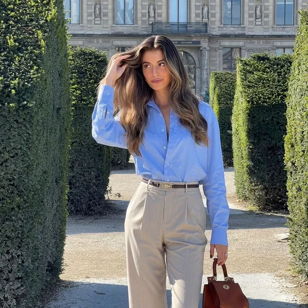 Sky-Blue Button-Down and Beige Tailored Trousers