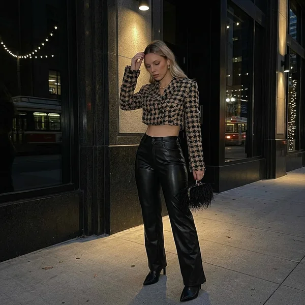 Cropped Houndstooth Blazer & Leather Trousers