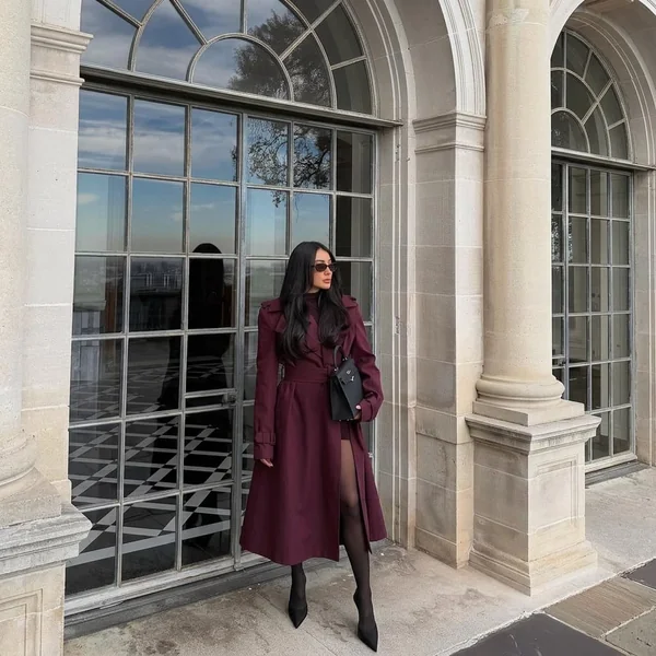 Burgundy Trench Coat and Black Accessories