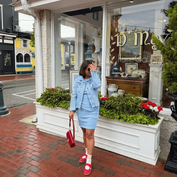 Denim Jacket and Light Blue Dress with Red Sambas