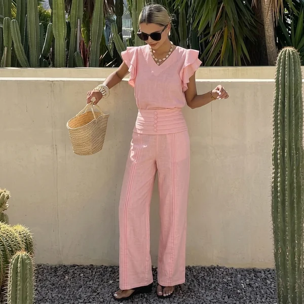 Pink Flutter-Sleeve Two-Piece Pant Set