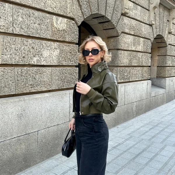 Houndstooth Plaid Jacket with Beige Wide-Leg Trousers