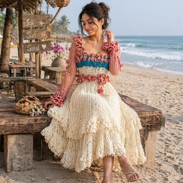 Cream Ruffled Floral Midi Crochet Dress
