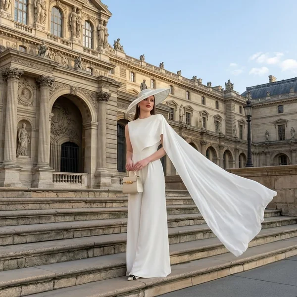 White Caped Jumpsuit with Wide-Brim Hat