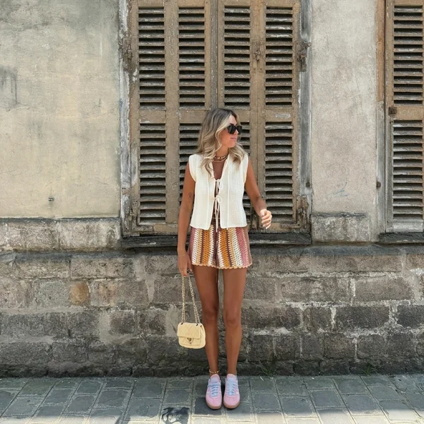 Cream Tie-Front Vest & Striped Crochet Shorts