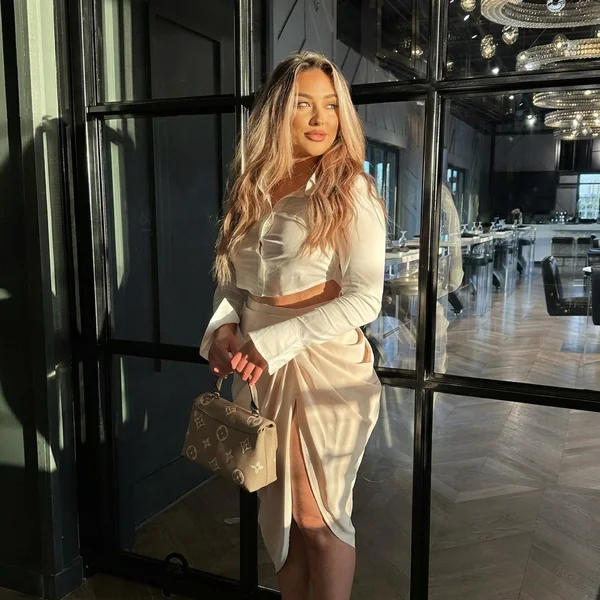 Cropped White Shirt with Beige Ruched Midi Skirt