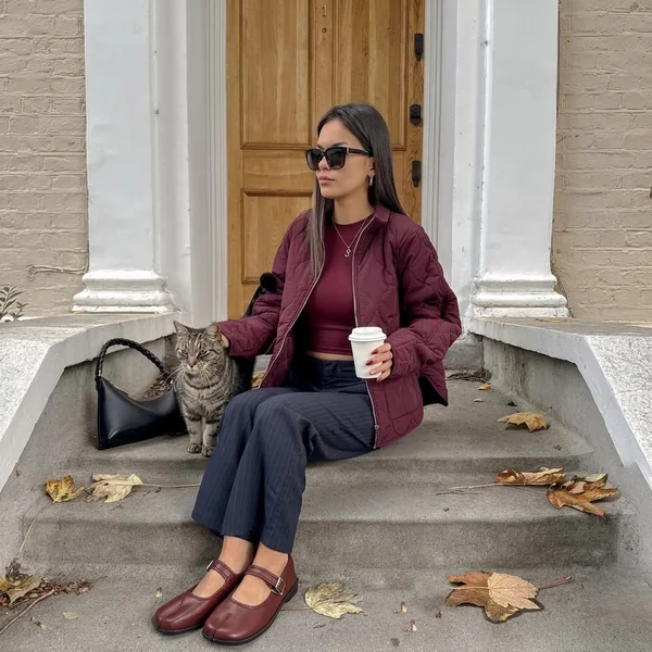 Burgundy Quilted Jacket and Pinstripe Trousers