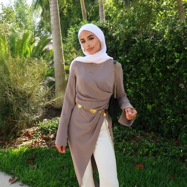 Taupe Wrap Tunic & White Trousers