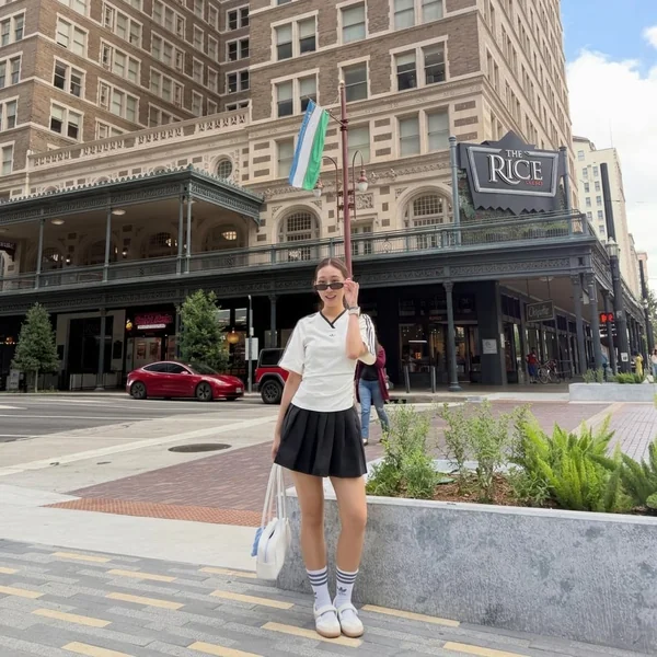 Sporty V-Neck Jersey and Pleated Mini Skirt with Sambas